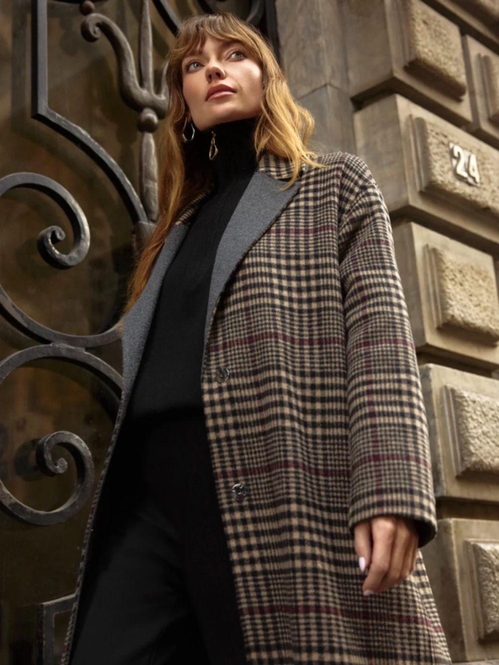 NWT Joseph Ribkoff Camel/Multi Plaid Double-Faced Coat Medium Style 253946